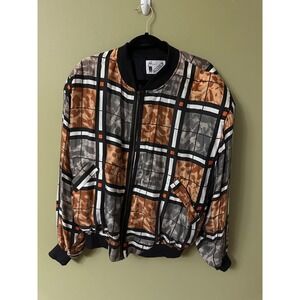 Gooch‎ Silk Bomber Jacket Mens L Plaid Abstract Art to Wear Streetwear Gorpcore